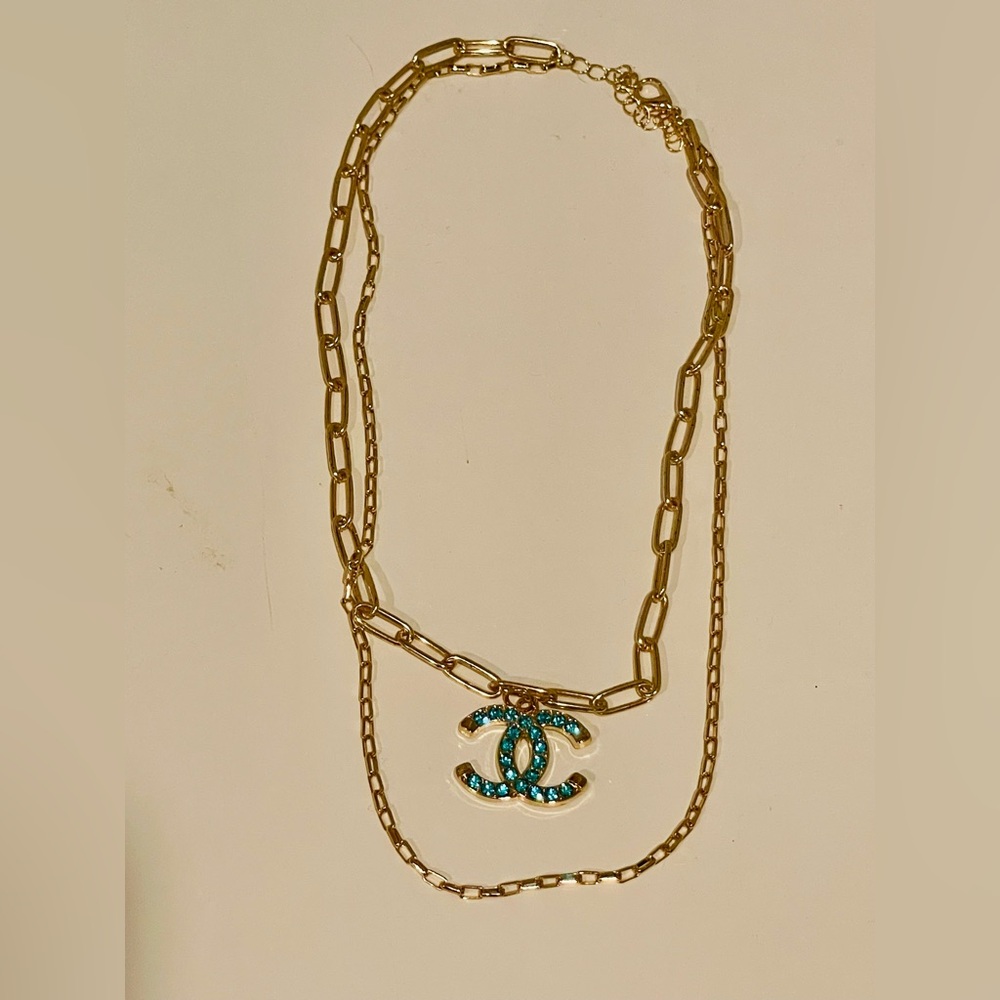 Gold and Blue authentic CC button necklace